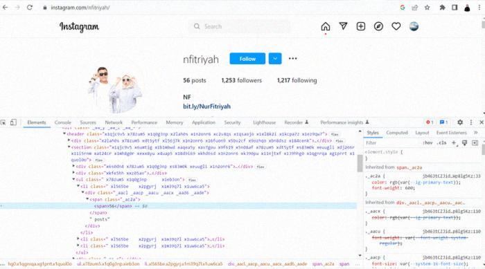 Элементы HTML на странице Instagram